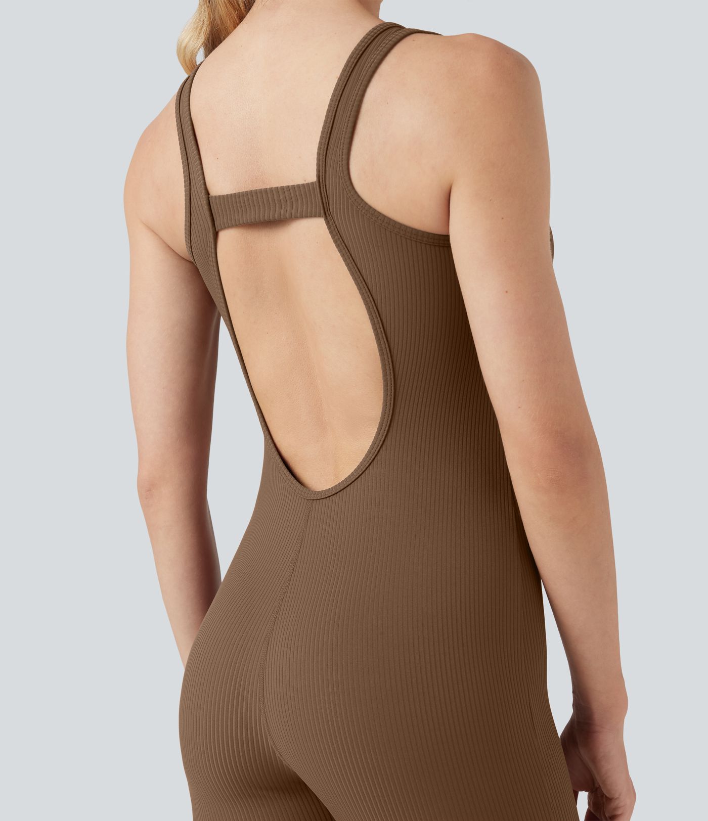 Ribbed Square Neck Cut Out Workout Jumpsuit