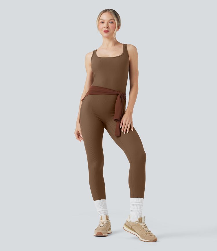 Ribbed Square Neck Cut Out Workout Jumpsuit