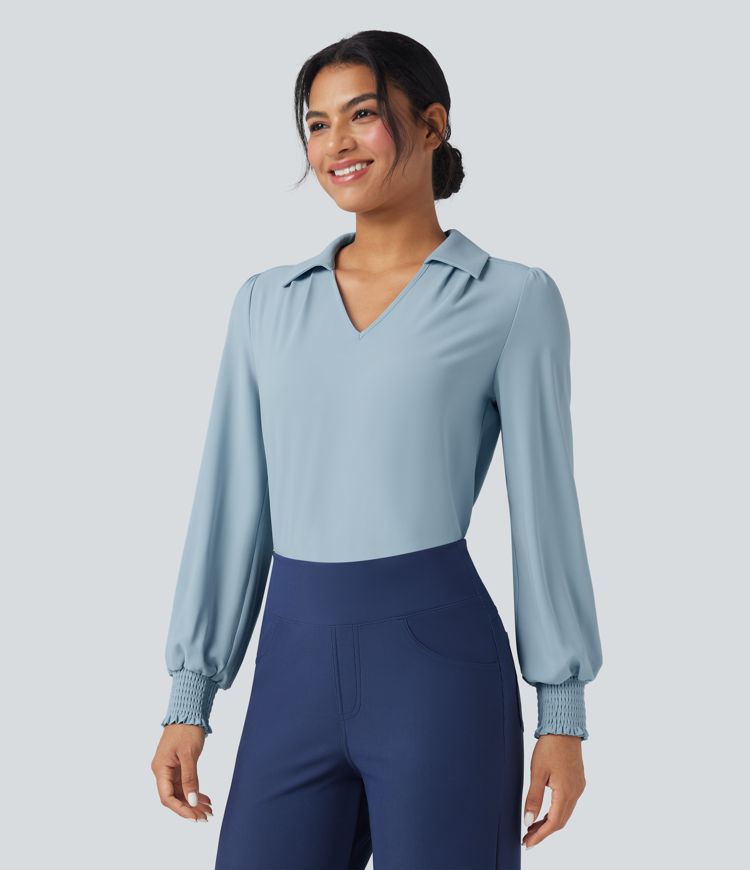 Wrinkle-Resistant V Neck Long Sleeve Casual Chiffon Shirt