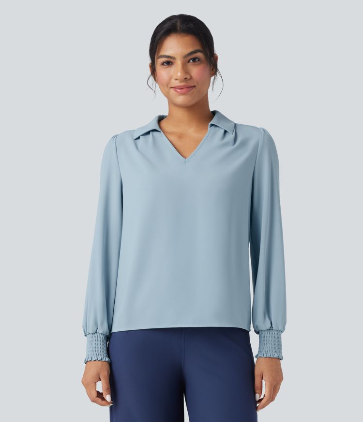 Wrinkle-Resistant V Neck Long Sleeve Casual Chiffon Shirt