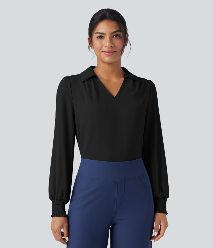 Wrinkle-Resistant V Neck Long Sleeve Casual Chiffon Shirt