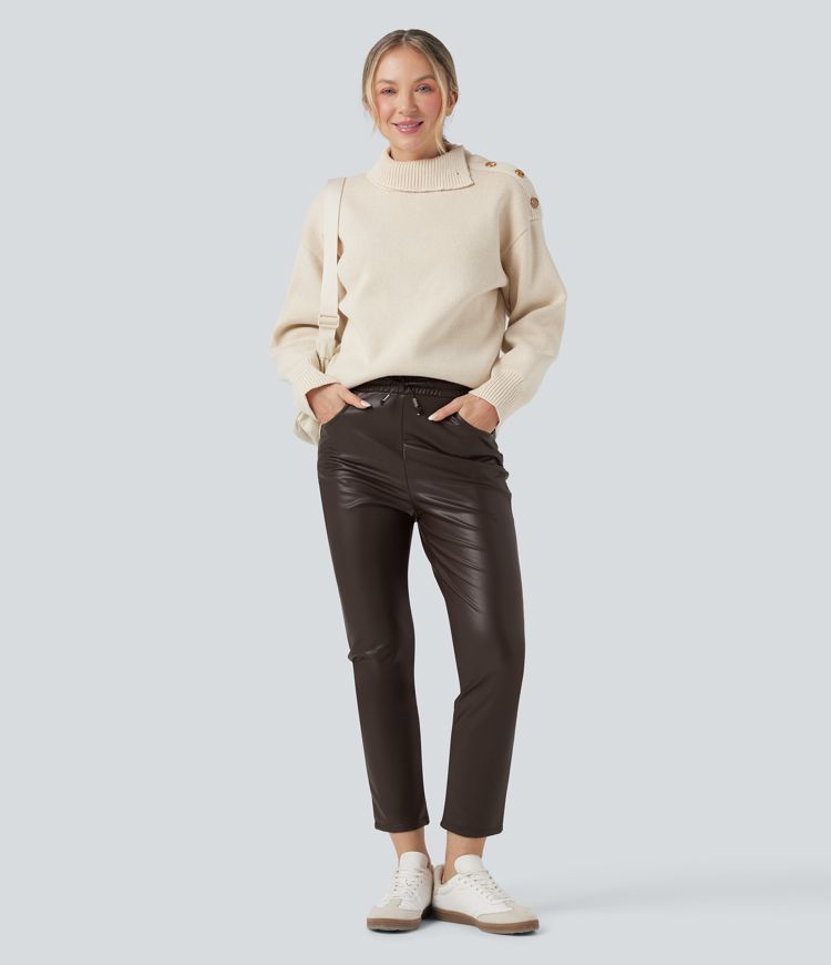 High Waisted Drawstring Stretchy PU Faux Leather Fleece 7/8 Casual Tapered Trousers with Pockets