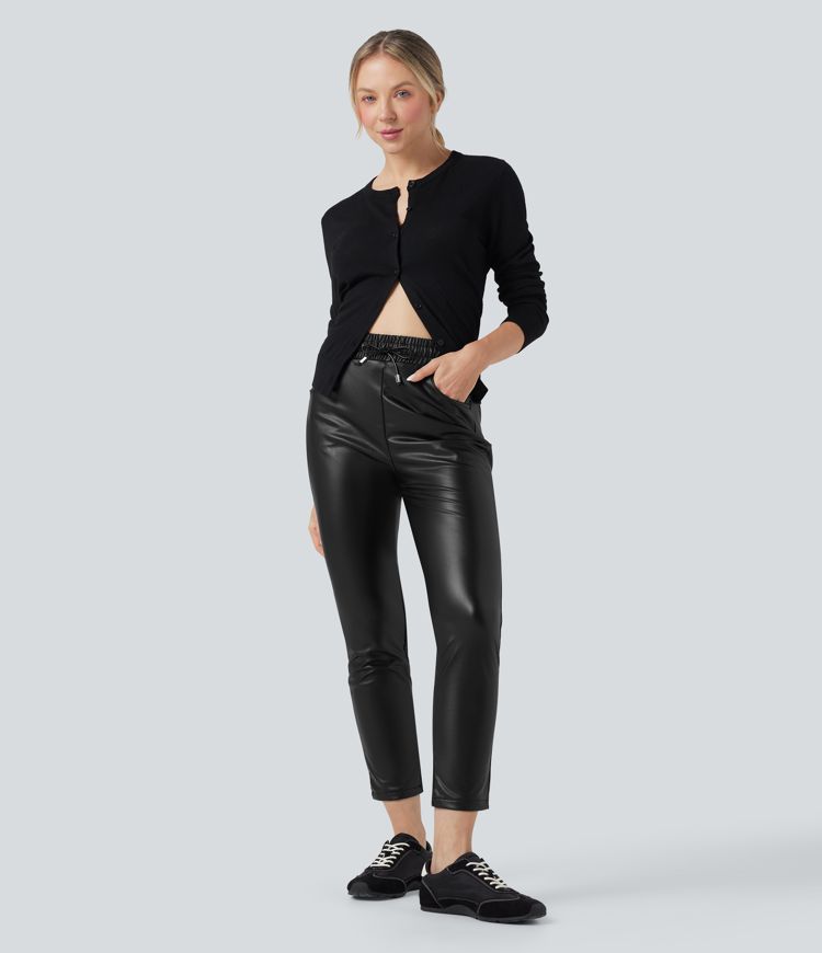 High Waisted Drawstring Stretchy PU Faux Leather Fleece 7/8 Casual Tapered Trousers with Pockets