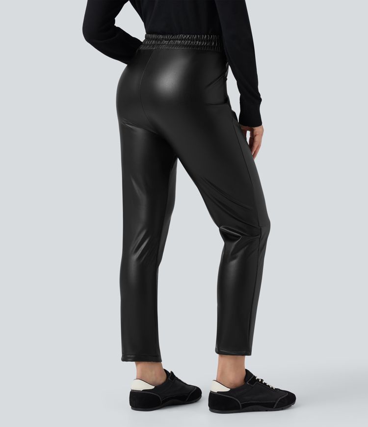 High Waisted Drawstring Stretchy PU Faux Leather Fleece 7/8 Casual Tapered Trousers with Pockets