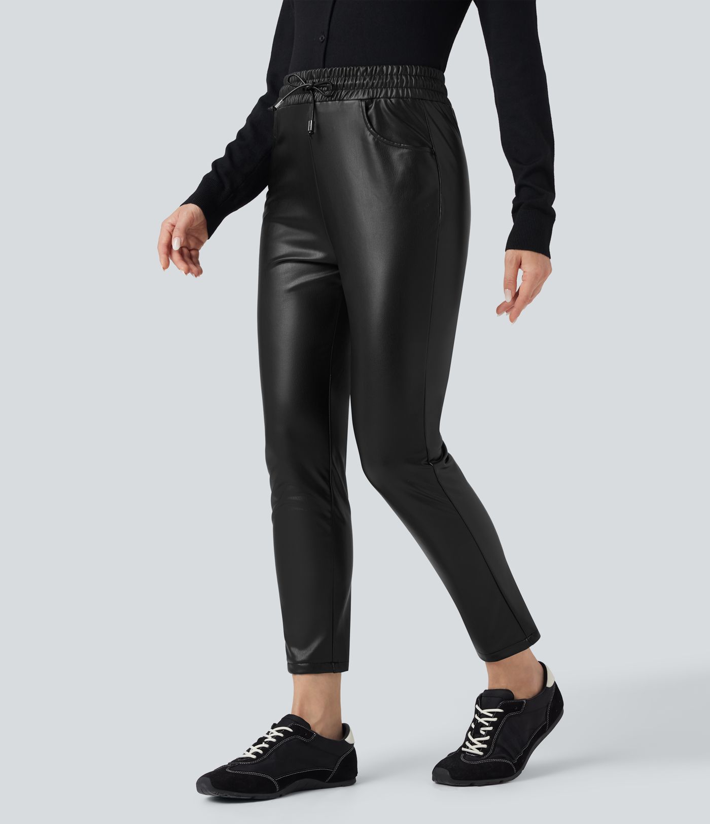 High Waisted Drawstring Stretchy PU Faux Leather Fleece 7/8 Casual Tapered Trousers with Pockets