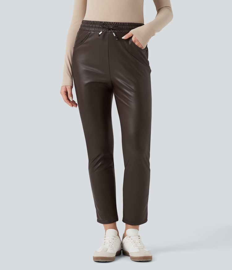 High Waisted Drawstring Stretchy PU Faux Leather Fleece 7/8 Casual Tapered Trousers with Pockets