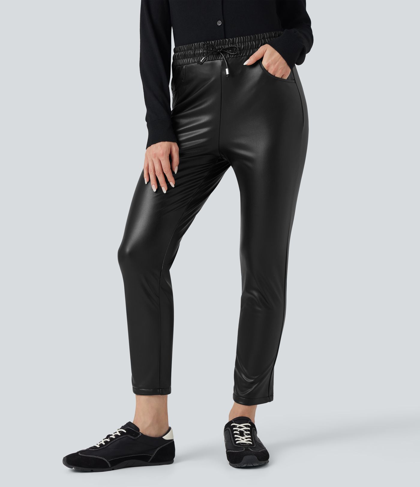 High Waisted Drawstring Stretchy PU Fleece 7/8 Casual Tapered Pants with Pockets