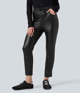 High Waisted Drawstring Stretchy PU Fleece 7/8 Casual Tapered Pants with Pockets