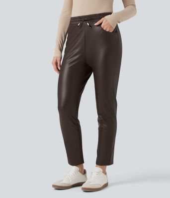 High Waisted Drawstring Stretchy PU Faux Leather Fleece 7/8 Casual Tapered Trousers with Pockets