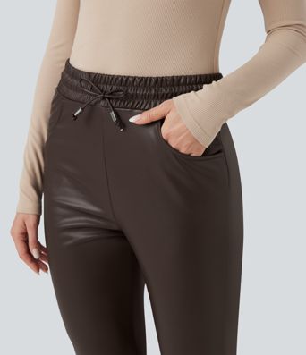 High Waisted Drawstring Stretchy PU Faux Leather Fleece 7/8 Casual Tapered Trousers with Pockets
