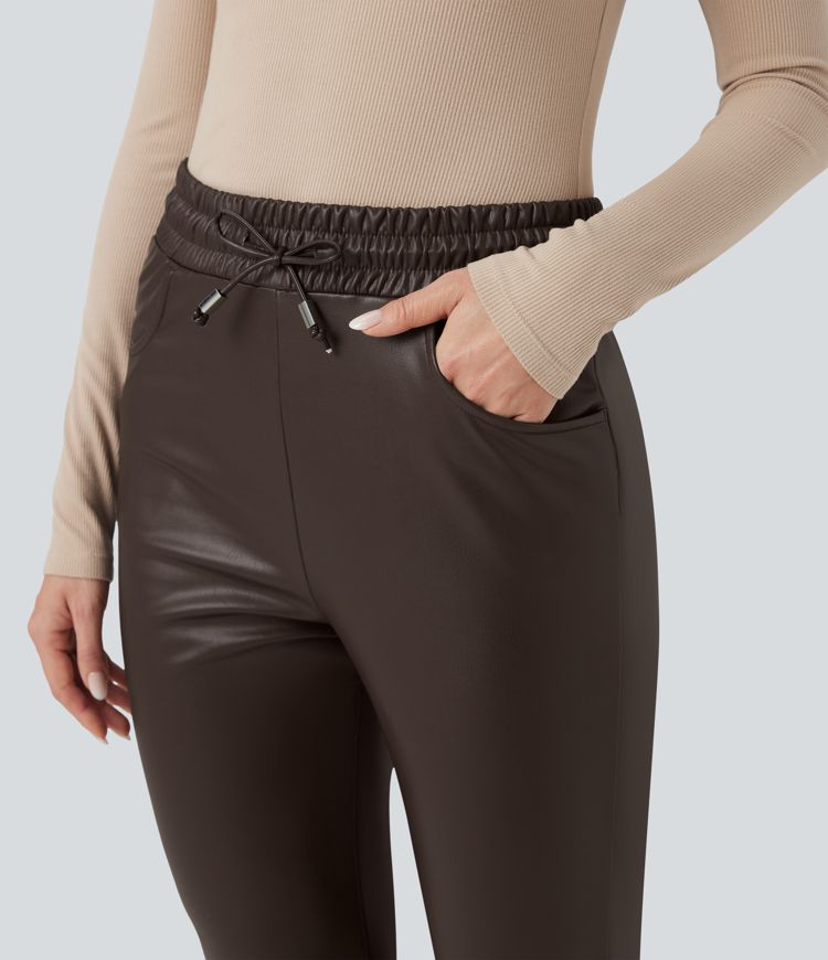 High Waisted Drawstring Stretchy PU Faux Leather Fleece 7/8 Casual Tapered Trousers with Pockets