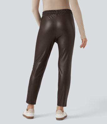 High Waisted Drawstring Stretchy PU Faux Leather Fleece 7/8 Casual Tapered Trousers with Pockets