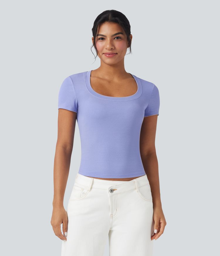 Geripptes, kurzärmeliges, lässiges Strick-T-Shirt