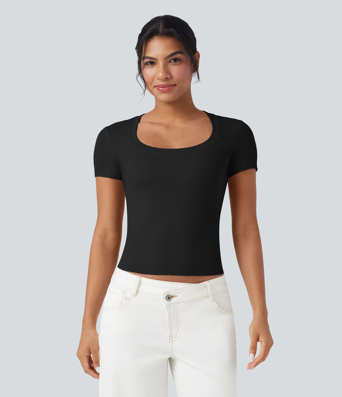 Ribbed Knit Short Sleeve Women Casual T-Shirt