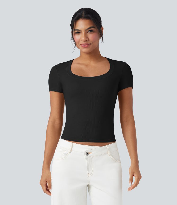 Ribbed Knit Short Sleeve Women Casual T-Shirt