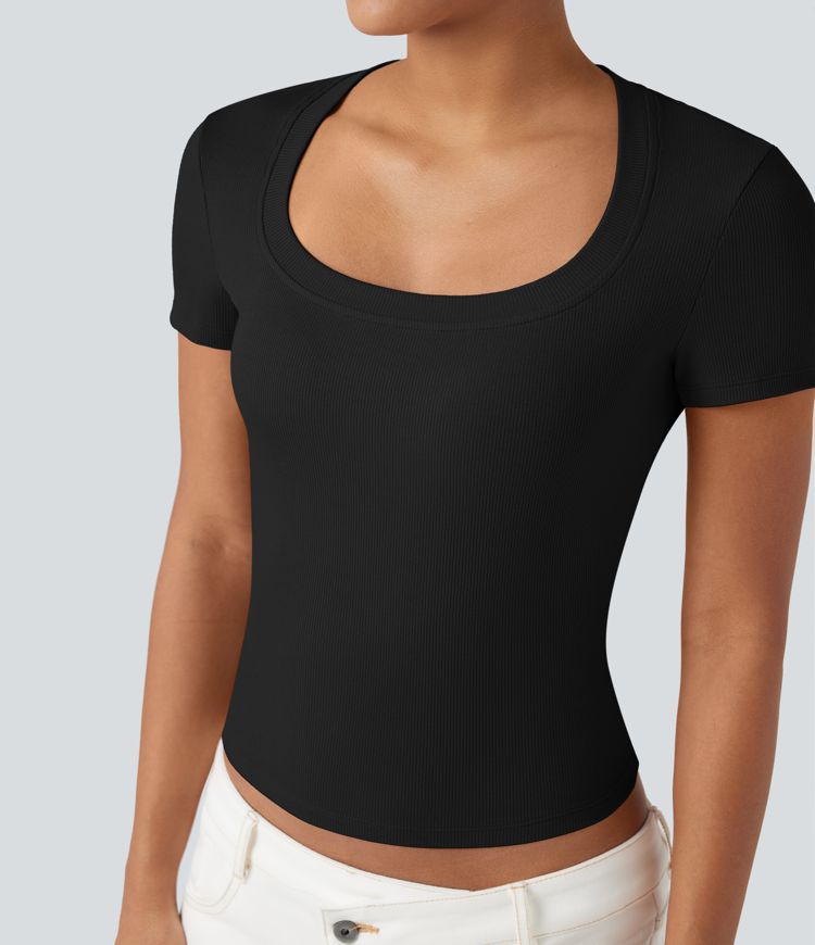 Ribbed Knit Short Sleeve Women Casual T-Shirt