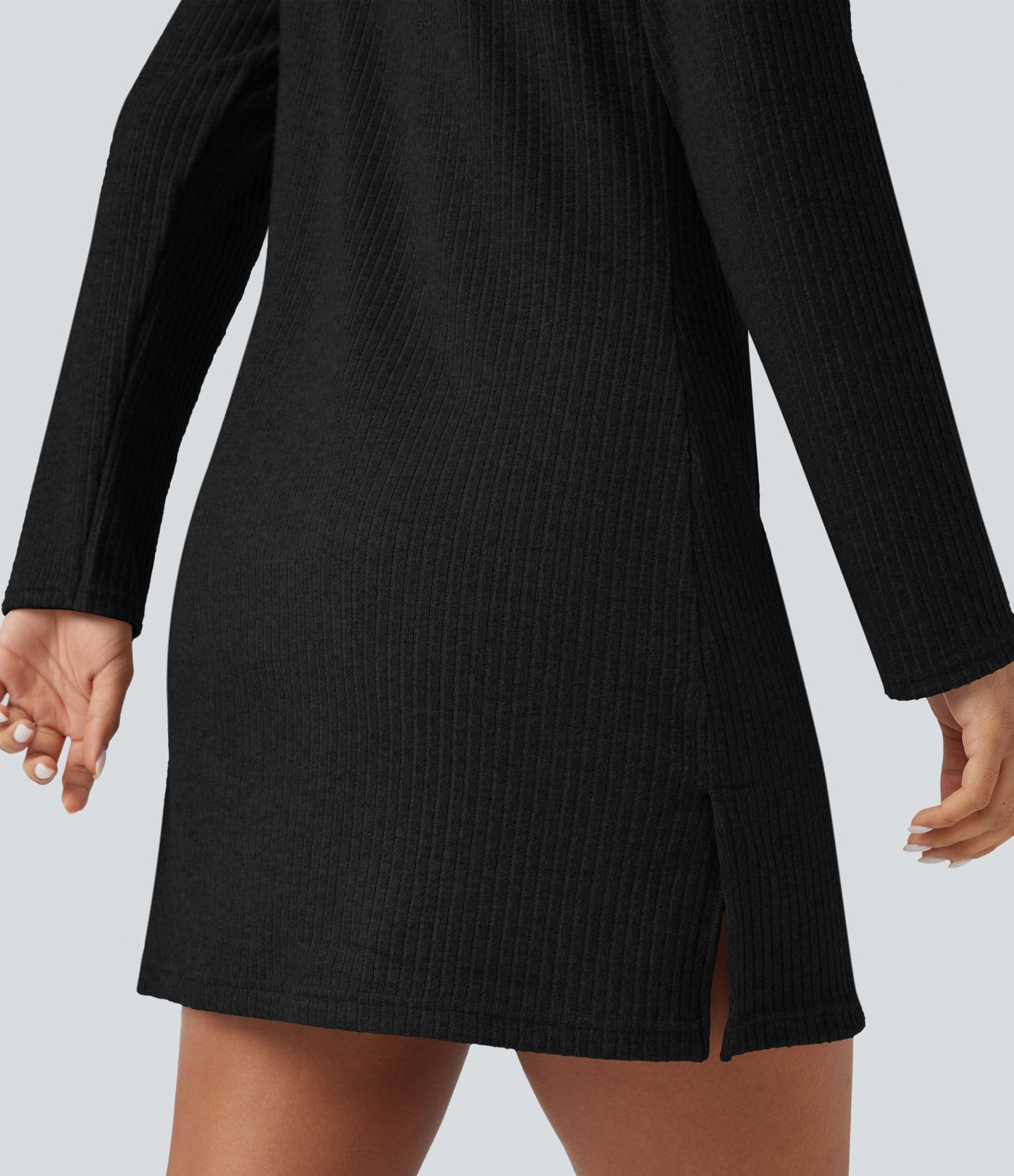 Ribbed Knit Hooded Long Sleeve Mini Hiking Active Dress with Pocket