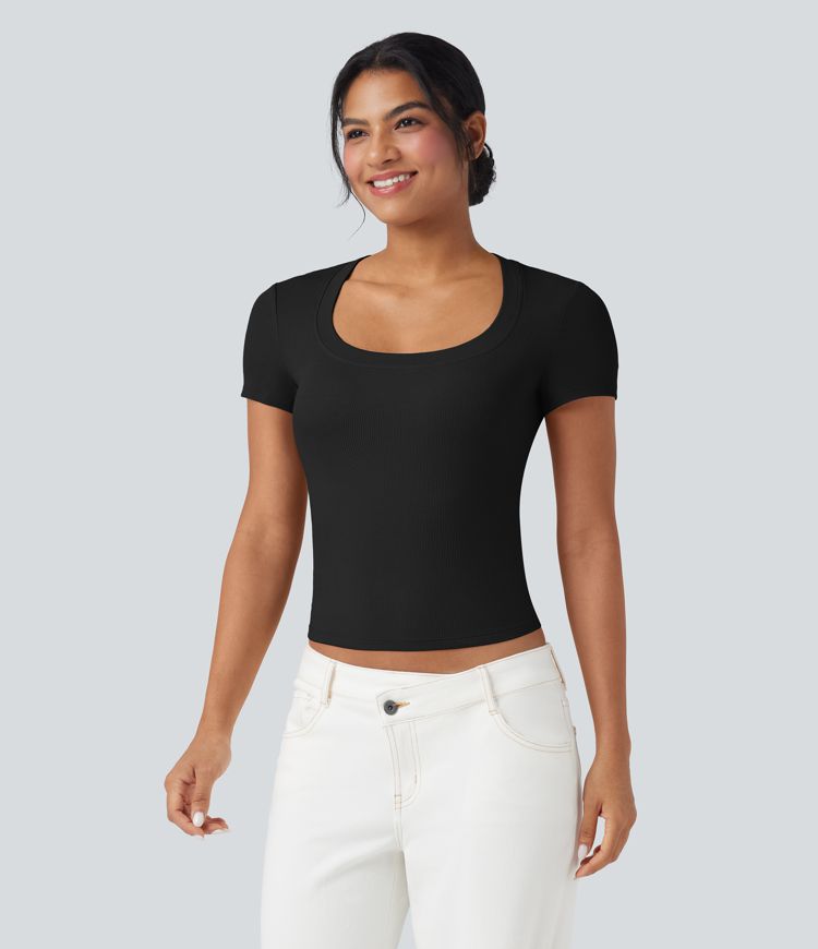 Ribbed Knit Short Sleeve Women Casual T-Shirt