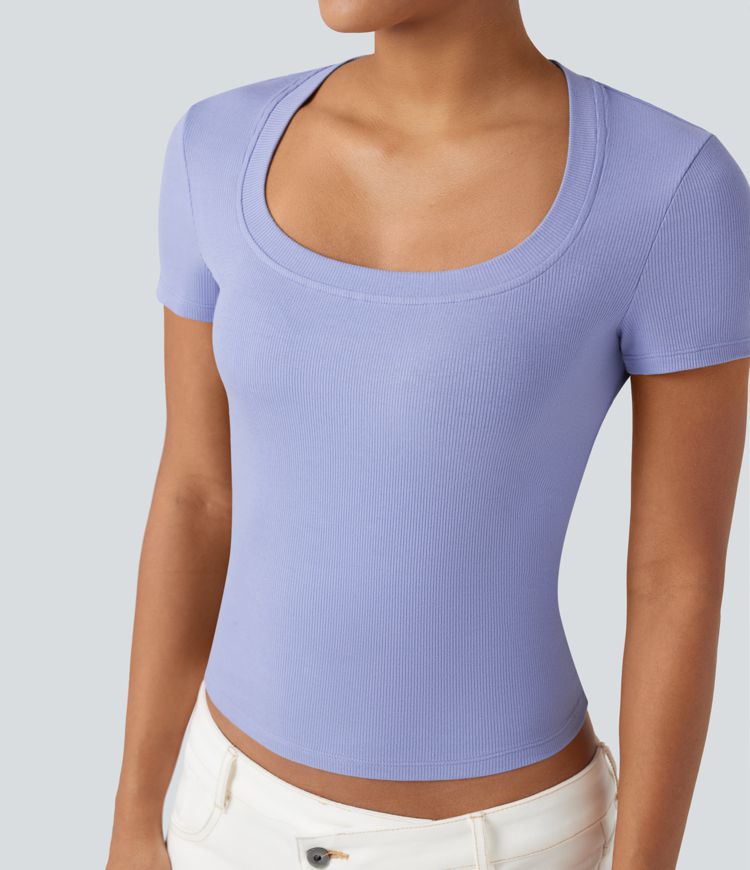 Ribbed Knit Short Sleeve Casual T-Shirt