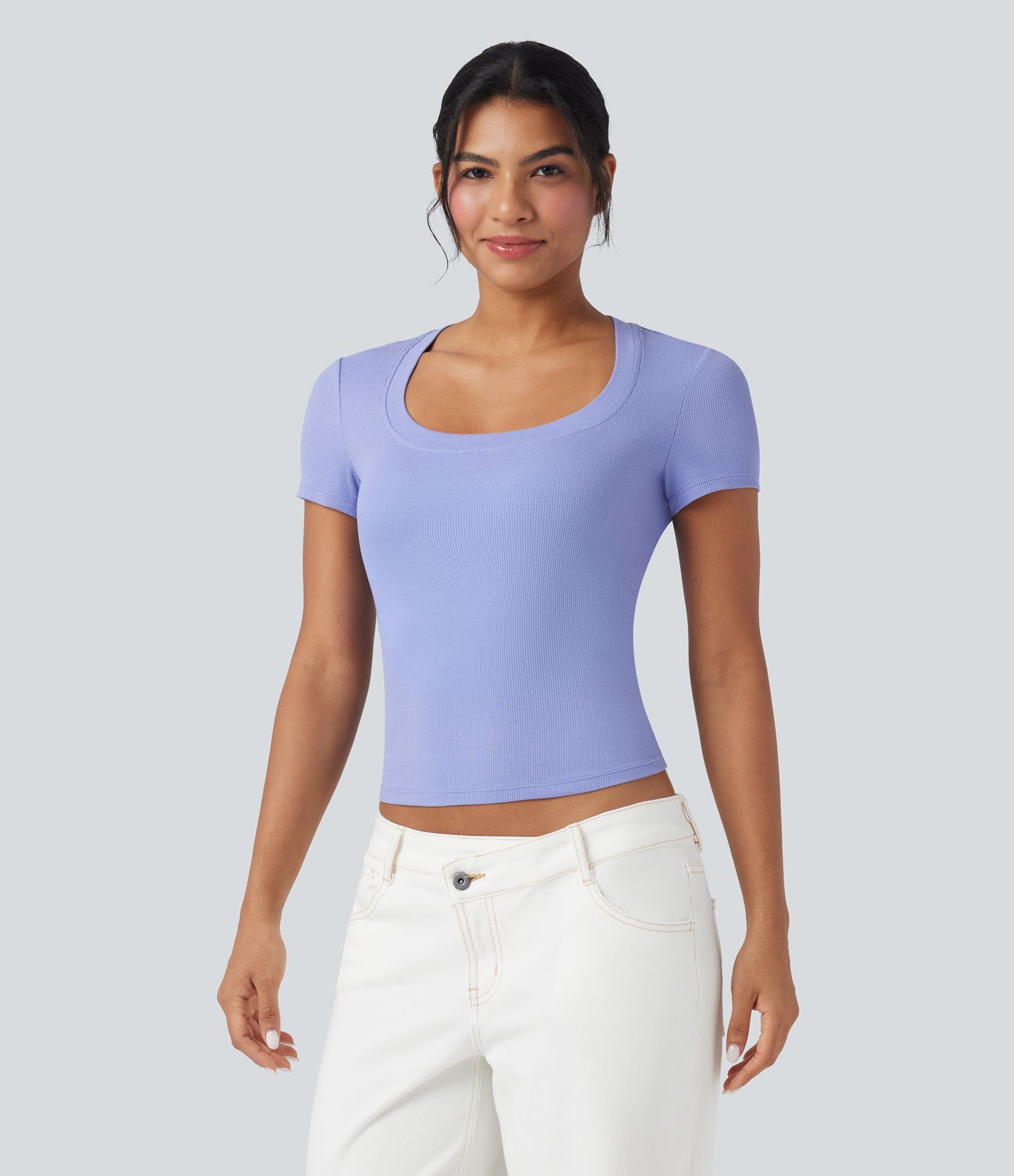 Ribbed Knit Short Sleeve Casual T-Shirt