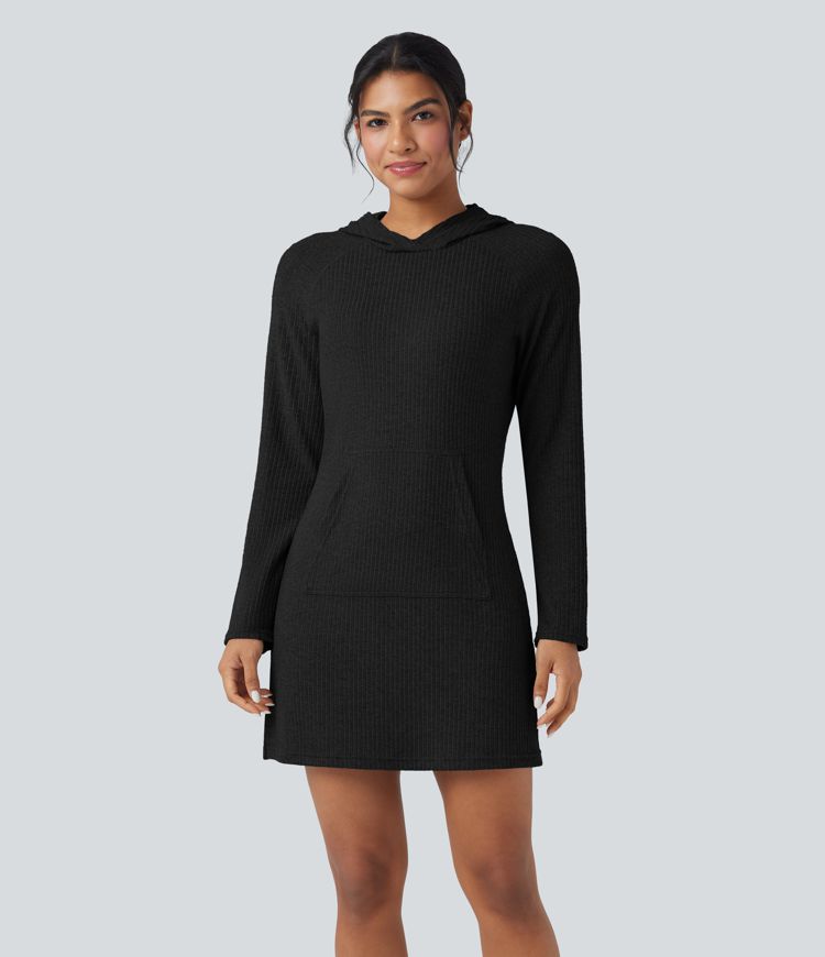 Ribbed Knit Hooded Long Sleeve Mini Hiking Active Dress with Pocket