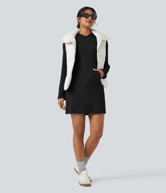 Ribbed Knit Hooded Long Sleeve Mini Hiking Active Dress with Pocket