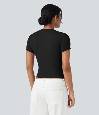 Ribbed Knit Short Sleeve Women Casual T-Shirt