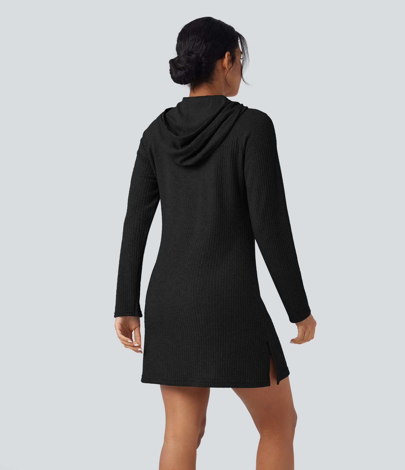 Ribbed Knit Hooded Long Sleeve Mini Hiking Active Dress with Pocket
