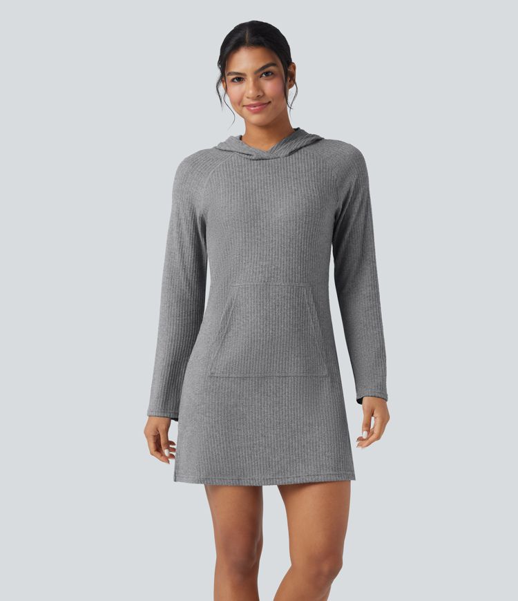 Ribbed Knit Hooded Long Sleeve Mini Hiking Active Dress with Pocket
