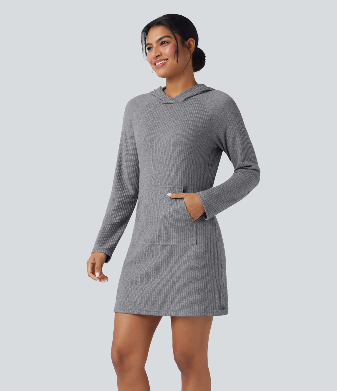 Ribbed Knit Hooded Long Sleeve Mini Fleece Hiking Active Dress with Pocket