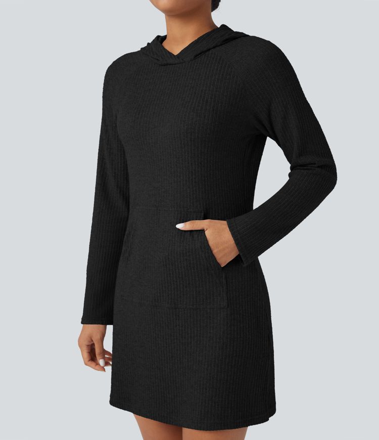 Ribbed Knit Hooded Long Sleeve Mini Hiking Active Dress with Pocket