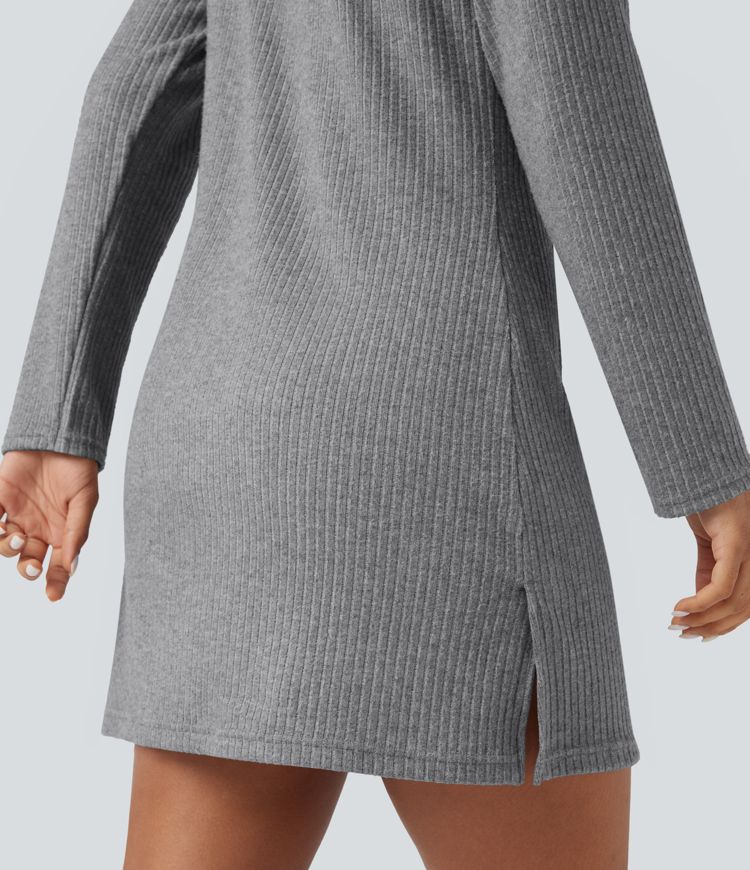 Ribbed Knit Hooded Long Sleeve Mini Hiking Active Dress with Pocket