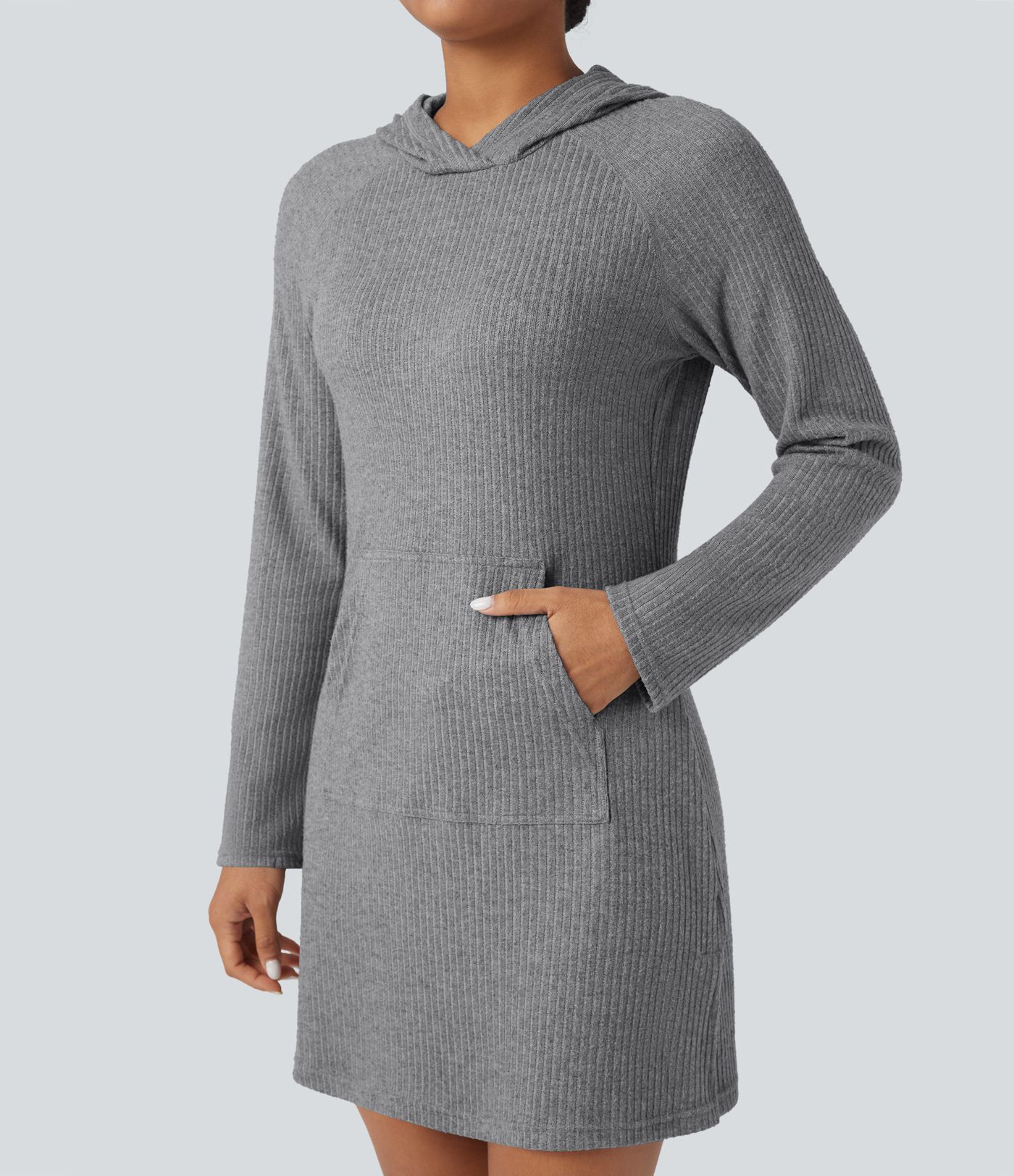 Ribbed Knit Hooded Long Sleeve Mini Fleece Hiking Active Dress with Pocket