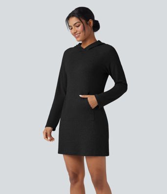Ribbed Knit Hooded Long Sleeve Mini Hiking Active Dress with Pocket