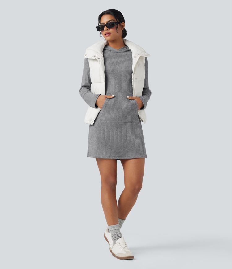 Ribbed Knit Hooded Long Sleeve Mini Hiking Active Dress with Pocket
