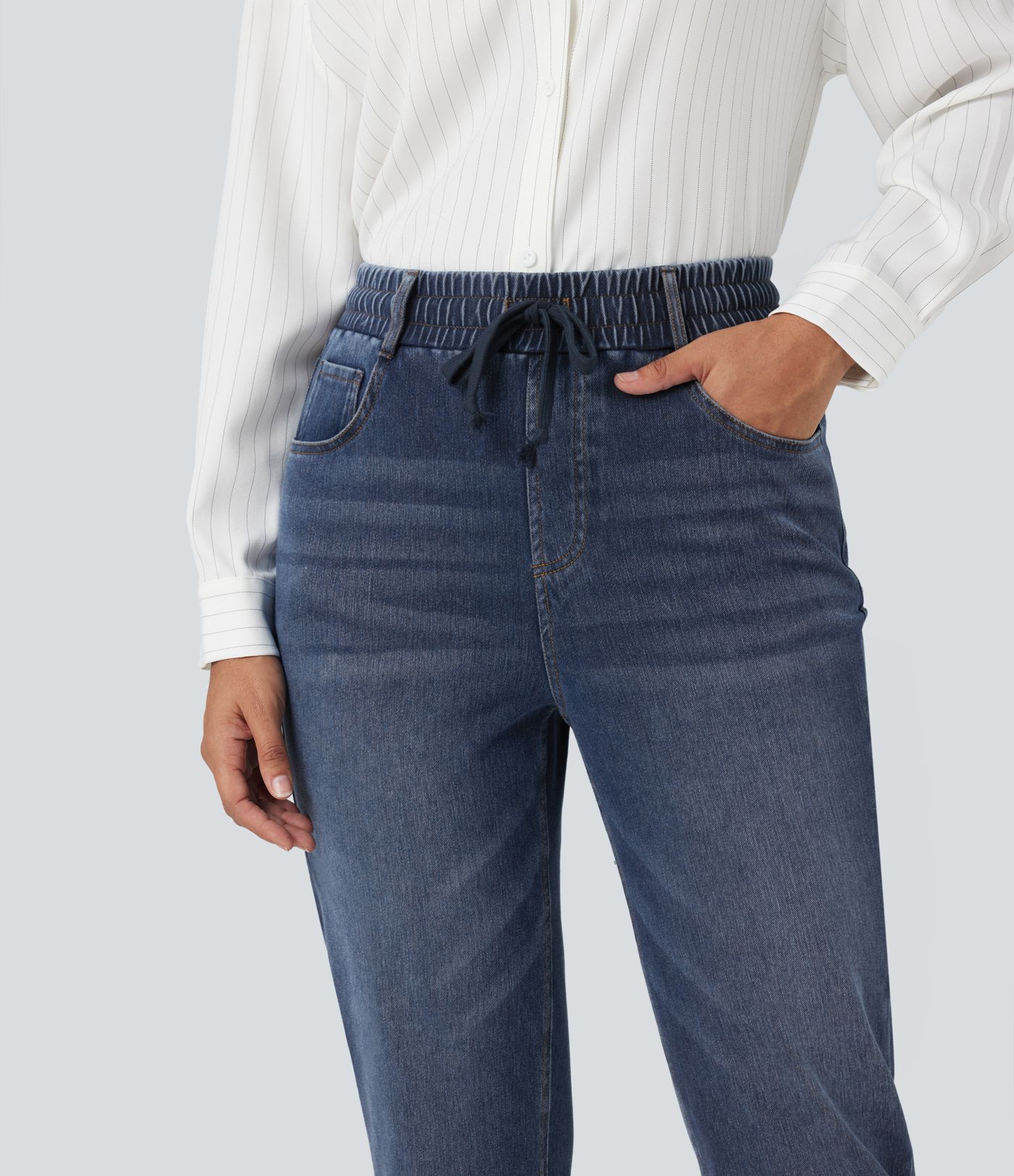 Halara Flex™ High Waisted Drawstring Rolled Hem Casual Slim Jeans with Pockets