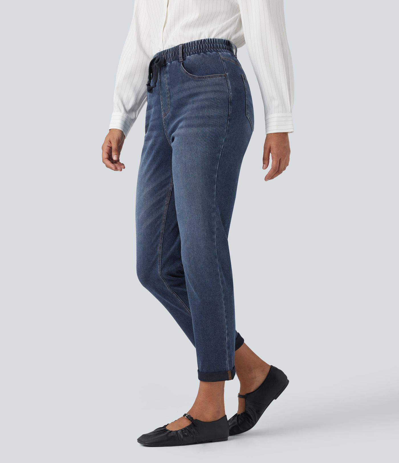 Halara Flex™ High Waisted Drawstring Rolled Hem Casual Slim Jeans with Pockets