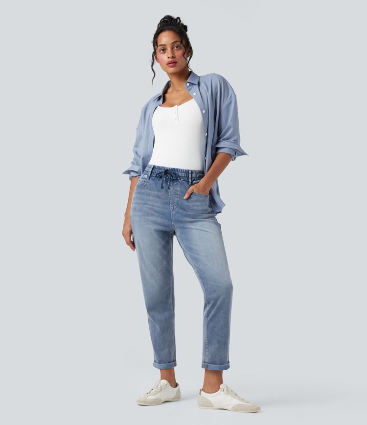Halara Flex™ High Waisted Drawstring Rolled Hem Casual Slim Jeans with Pockets
