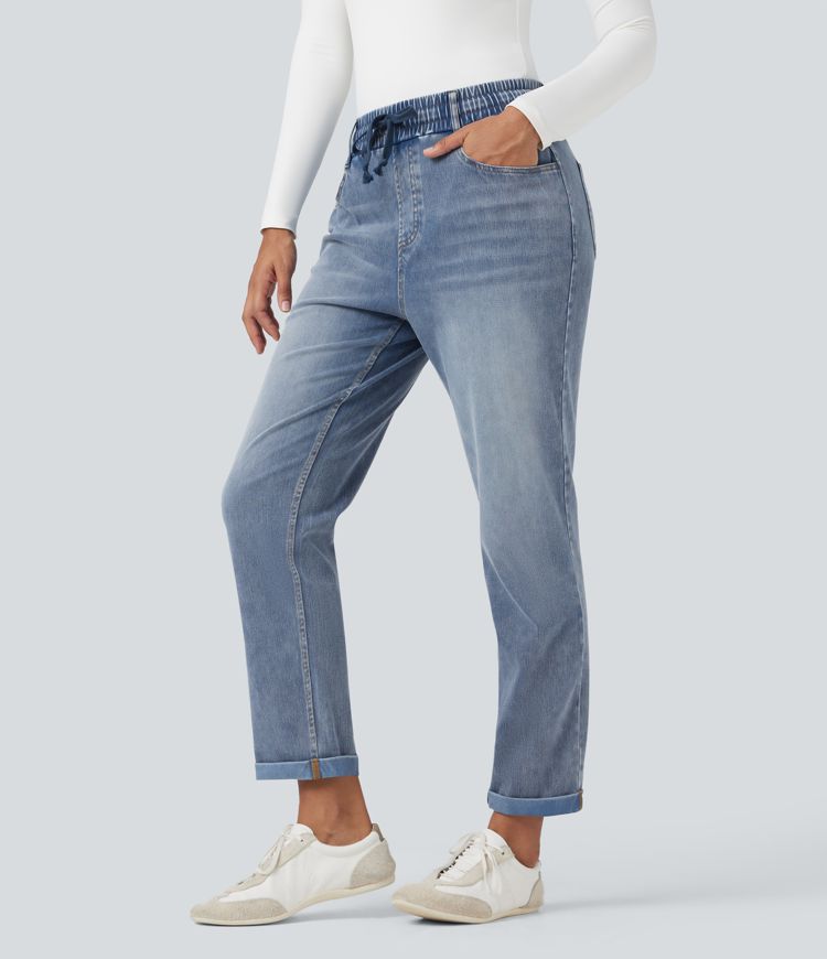 Halara Flex™ High Waisted Drawstring Rolled Hem Casual Slim Jeans with Pockets