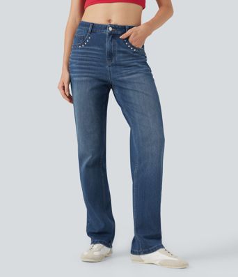 Halara Flex™ Mid Rise Studded Straight Leg Casual Jeans with Pockets