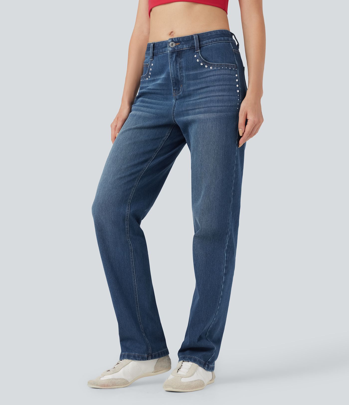 Halara Flex™ Mid Rise Studded Straight Leg Casual Jeans with Pockets
