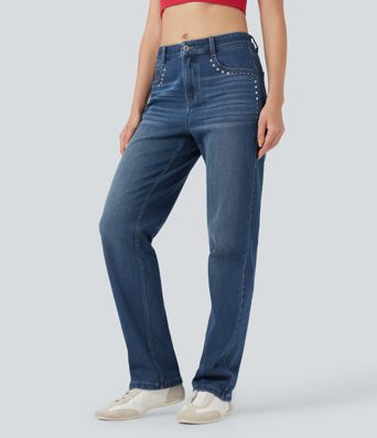 Halara Flex™ Mid Rise Studded Straight Leg Casual Jeans with Pockets