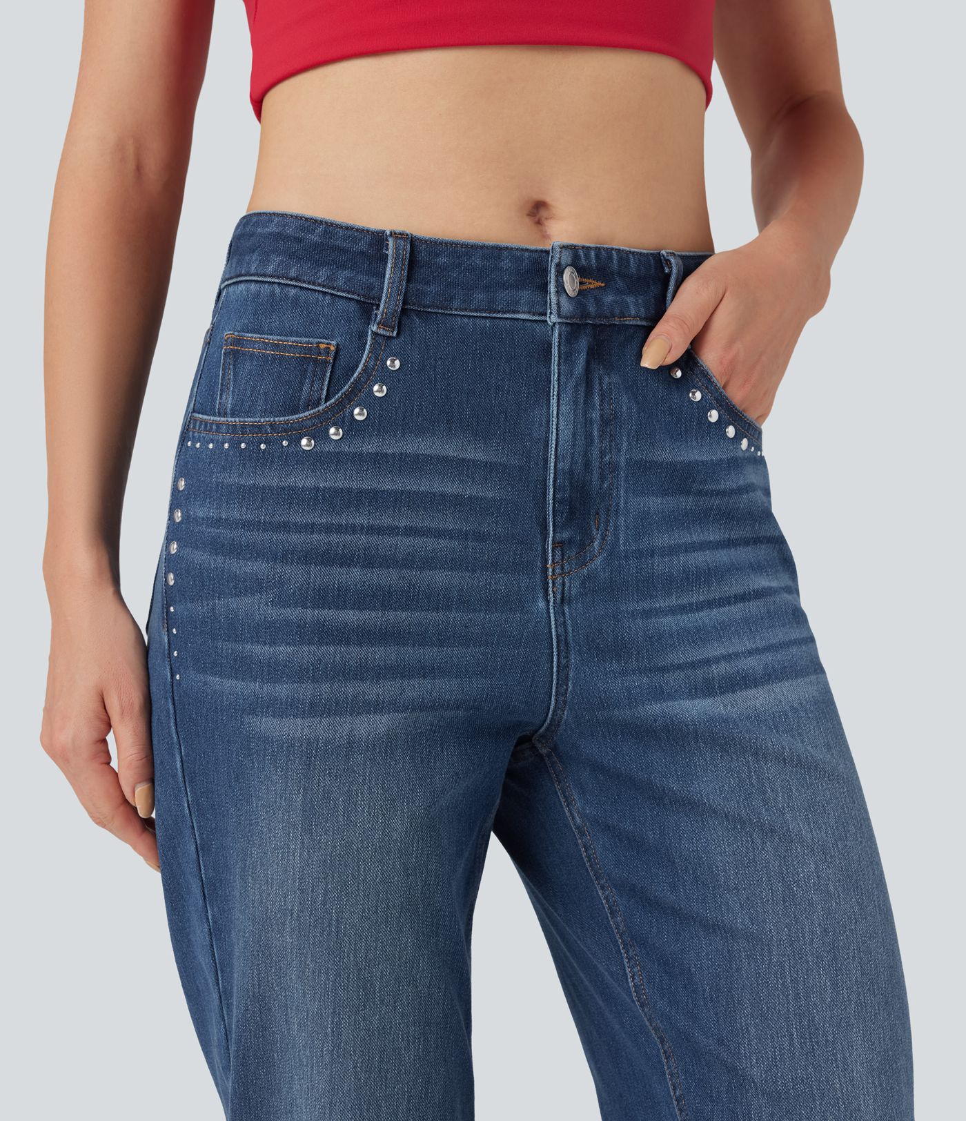 Halara Flex™ Mid Rise Studded Straight Leg Casual Jeans with Pockets