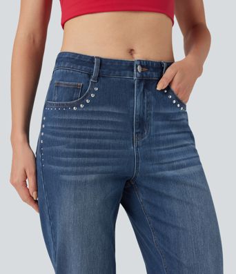 Halara Flex™ Mid Rise Studded Straight Leg Casual Jeans with Pockets