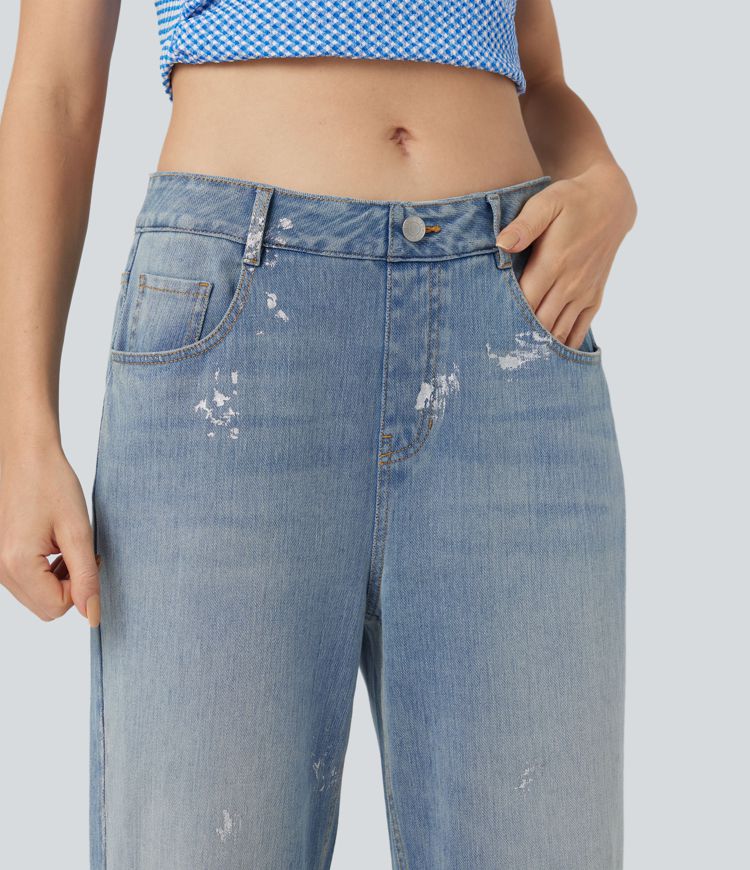 Halara Flex™ Mid Rise Wide Leg Washed Casual Paint Splatter Jeans with Pockets
