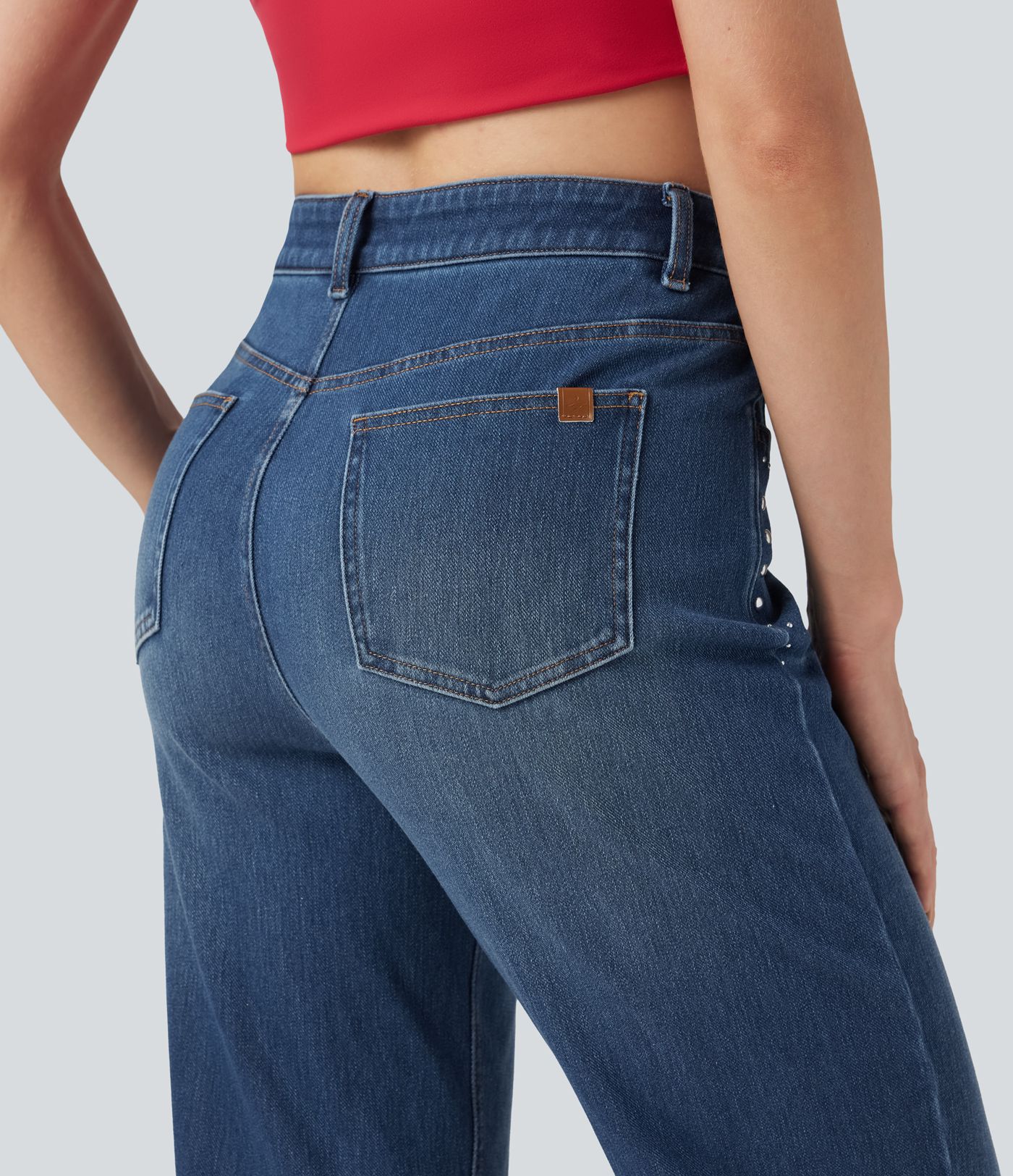 Halara Flex™ Mid Rise Studded Straight Leg Casual Jeans with Pockets