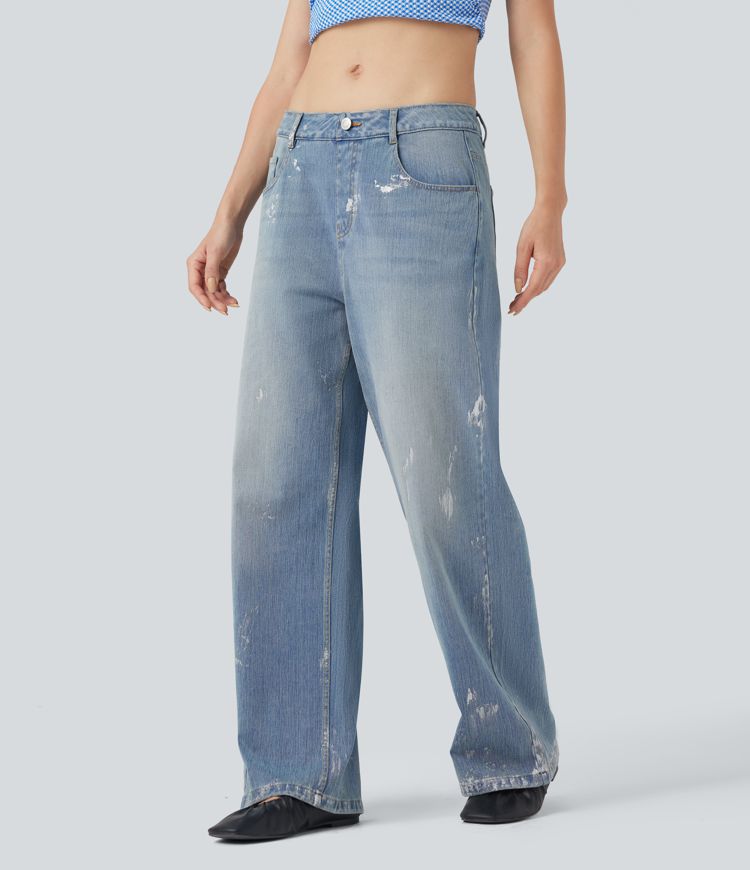 Halara Flex™ Mid Rise Wide Leg Washed Casual Paint Splatter Jeans with Pockets