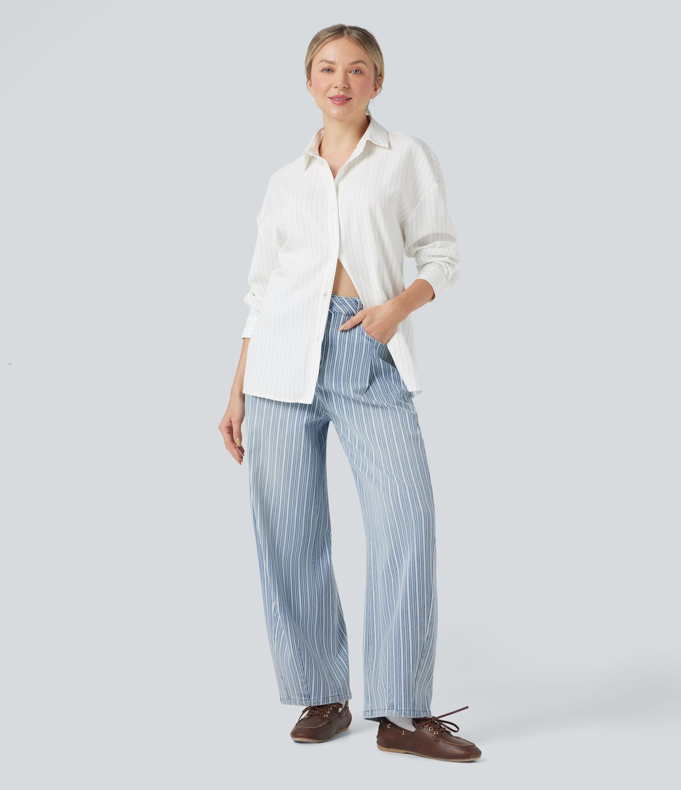 Halara Flex™ High Waisted Stripes Casual Barrel Leg Jeans Pockets