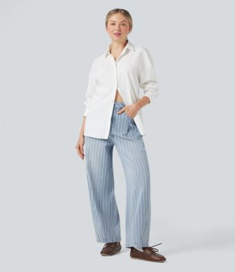 Halara Flex™ High Waisted Stripes Casual Barrel Leg Jeans Pockets