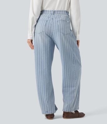 Halara Flex™ High Waisted Stripes Casual Barrel Leg Jeans Pockets